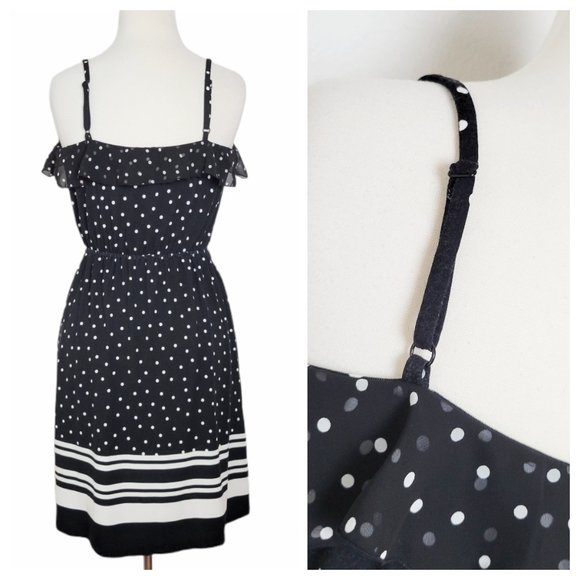 Elle Summer Dress Polka Dot Black and White Ruffled Adjustable Spaghetti Strap - Picture 5 of 8